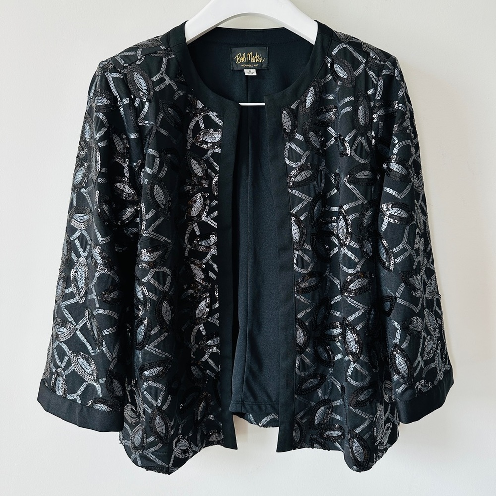 Bob Mackie Wearable Art Black Sequin Jacket With Hook Eye Closure & Shoulder Pad